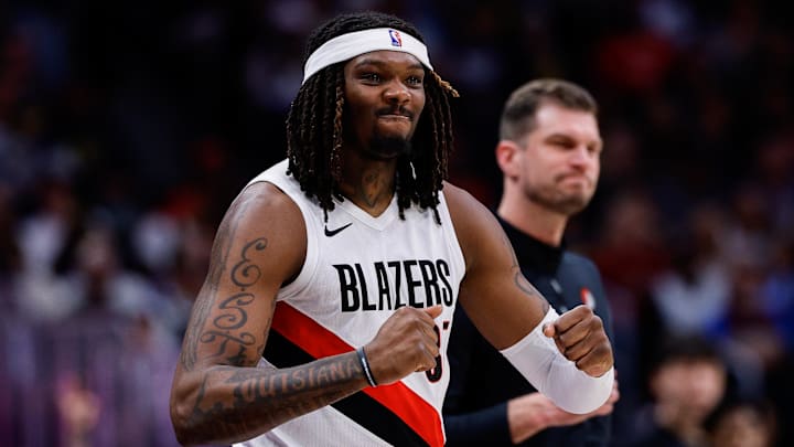 Apr 6, 2026; Denver, Colorado, USA; Portland Trail Blazers center Robert Williams III (35) reacts from the sideline in the third quarter against the Denver Nuggets at Ball Arena. Mandatory Credit: Isaiah J. Downing-Imagn Images