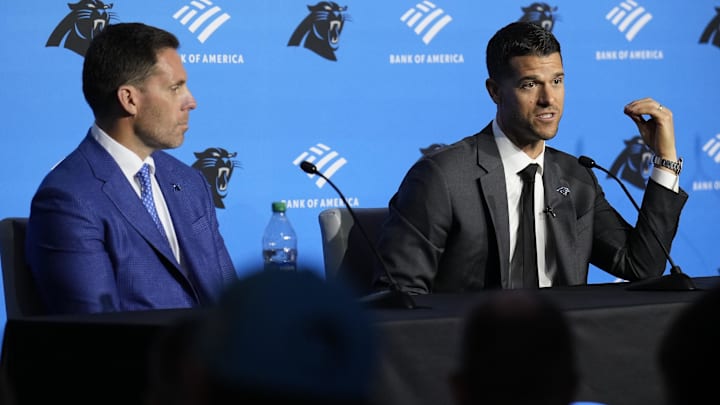 Feb 1, 2024; Charlotte, NC, USA; Carolina Panthers head coach Dave Canales speaks to the media as general manager Dan Morgan looks on during the introductory press conference at Bank of America Stadium. Mandatory Credit: Jim Dedmon-Imagn Images Feb 1, 2024; Charlotte, NC, USA; Carolina Panthers head coach Dave Canales speaks to the media as general manager Dan Morgan looks on during the introductory press conference at Bank of America Stadium. Mandatory Credit: Jim Dedmon-Imagn Images