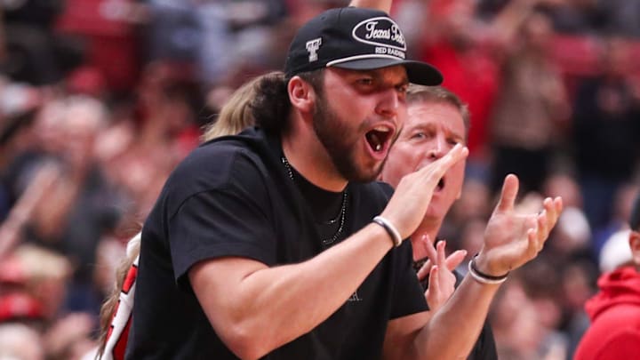 Texas Tech football player Brendan Sorsby reacts to a play during a Big 12 Conference men's basketball game, Tuesday, Feb. 24, 2026, in United Supermarkets Arena.