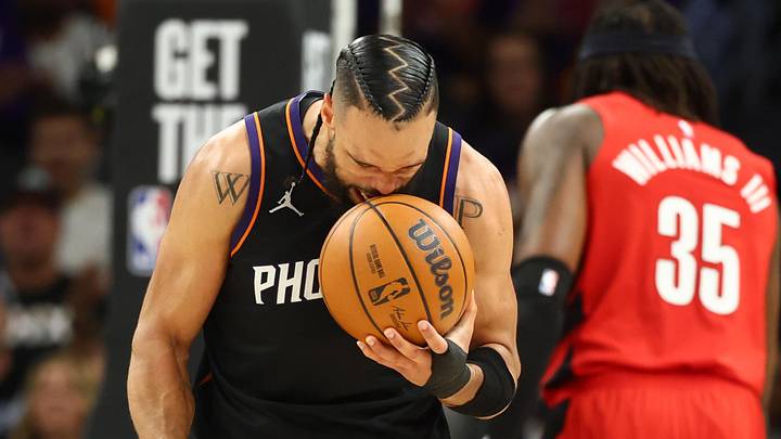Apr 14, 2026; Phoenix, Arizona, USA; Phoenix Suns forward Dillon Brooks (3) reacts against the Portland Trail Blazers in the second half during the play-in rounds of the 2026 NBA Playoffs at Mortgage Matchup Center. Mandatory Credit: Mark J. Rebilas-Imagn Images