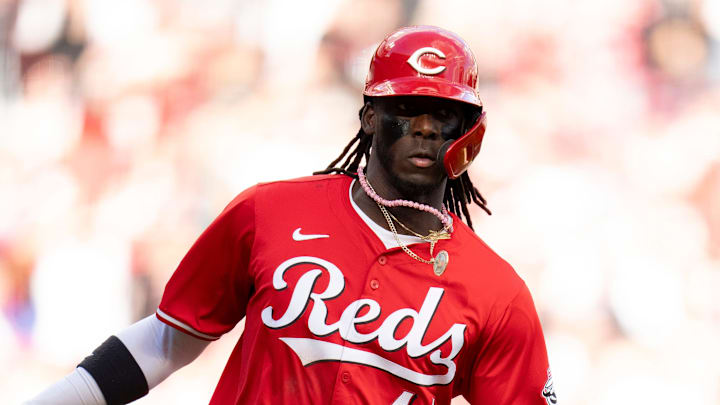 Cincinnati Reds shortstop Elly De La Cruz (44) scores on a Cincinnati Reds outfielder Stuart Cincinnati Reds shortstop Elly De La Cruz (44) scores on a Cincinnati Reds outfielder Stuart