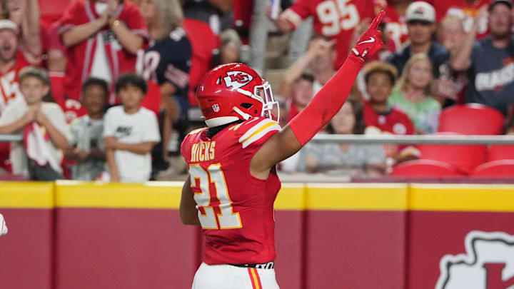 Aug 22, 2024; Kansas City, Missouri, USA; Kansas City Chiefs safety Jaden Hicks (21) celebrates against the Chicago Bears after recovering a fumble during the first half at GEHA Field at Arrowhead Stadium. Mandatory Credit: Denny Medley-Imagn Images Aug 22, 2024; Kansas City, Missouri, USA; Kansas City Chiefs safety Jaden Hicks (21) celebrates against the Chicago Bears after recovering a fumble during the first half at GEHA Field at Arrowhead Stadium. Mandatory Credit: Denny Medley-Imagn Images
