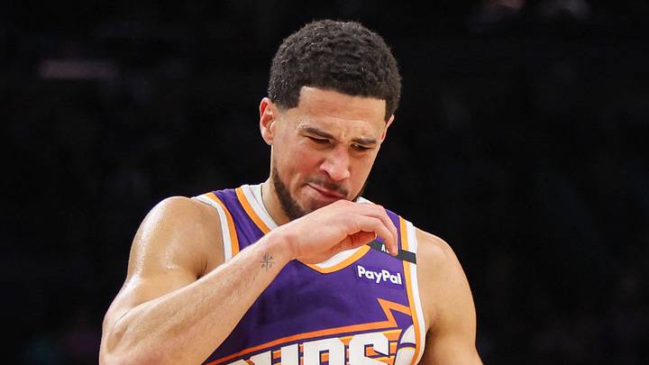 Phoenix Suns guard Devin Booker (1) reacts after being fouled by the New Orleans Pelicans in the fourth quarter at Footprint Center on February 27, 2025.