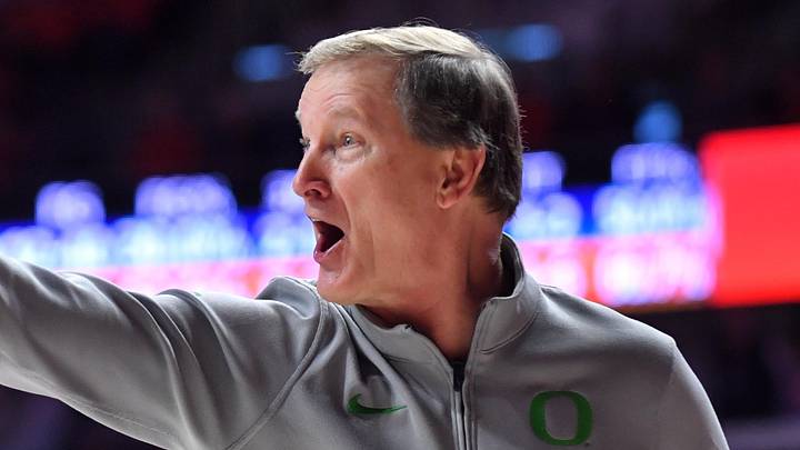 Mar 3, 2026; Champaign, Illinois, USA; Oregon Ducks head coach Dana Altman reacts during the second half against the Illinois Fighting Illini at State Farm Center. Mandatory Credit: Ron Johnson-Imagn Images Mar 3, 2026; Champaign, Illinois, USA; Oregon Ducks head coach Dana Altman reacts during the second half against the Illinois Fighting Illini at State Farm Center. Mandatory Credit: Ron Johnson-Imagn Images