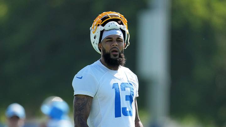 Jul 26, 2023; Costa Mesa, CA, USA; Los Angeles Chargers receiver Keenan Allen (13) reacts during training camp at Jack Hammett Sports Complex. Mandatory Credit: Kirby Lee-USA TODAY Sports