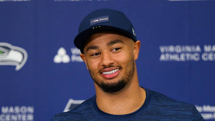 Seattle Seahawks wide receiver Jaxon Smith-Njigba (11) speaks to the media after minicamp 