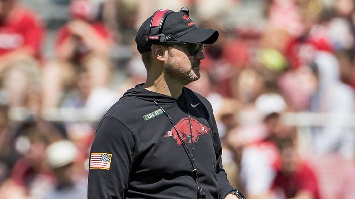 Arkansas Razorbacks coach Ryan Silverfield looks on during the spring game at Razorback Stadium. Arkansas Razorbacks coach Ryan Silverfield looks on during the spring game at Razorback Stadium.