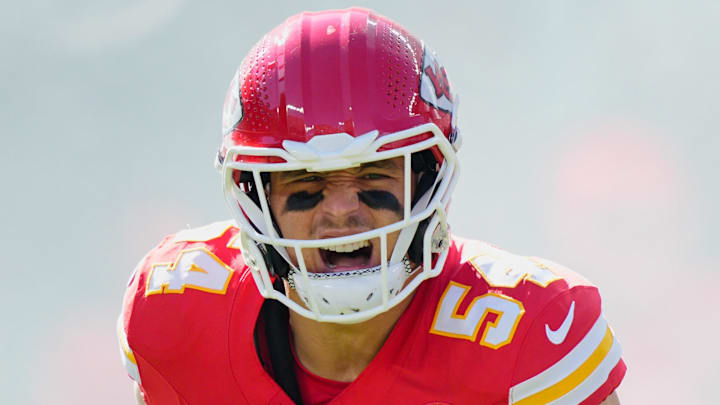 Oct 19, 2025; Kansas City, Missouri, USA; Kansas City Chiefs linebacker Leo Chenal (54) runs onto the field during player introductions prior to the game against the Las Vegas Raiders at GEHA Field at Arrowhead Stadium. Mandatory Credit: Jay Biggerstaff-Imagn Images