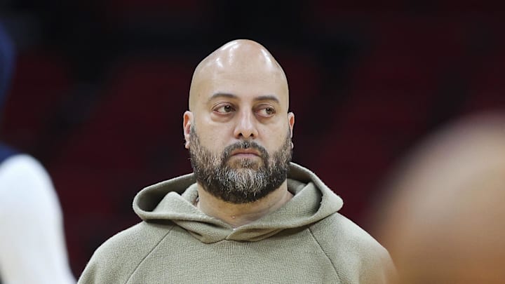 Mar 19, 2023; Houston, Texas, USA; Houston Rockets general manager Rafael Stone watches during practice before the game against the New Orleans Pelicans at Toyota Center. Mandatory Credit: Troy Taormina-Imagn Images