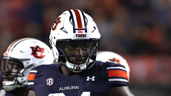 Sep 14, 2024; Auburn, Alabama, USA;  Auburn Tigers nose tackle Keyron Crawford (24) against the New Mexico Lobos at Jordan-Hare Stadium. Mandatory Credit: John Reed-Imagn Images