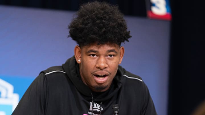 Feb 26, 2026; Indianapolis, IN, USA; NC State tight end Justin Joly (TE09) speaks to members of the media during the NFL Combine at the Indiana Convention Center. Mandatory Credit: Jacob Musselman-Imagn Images