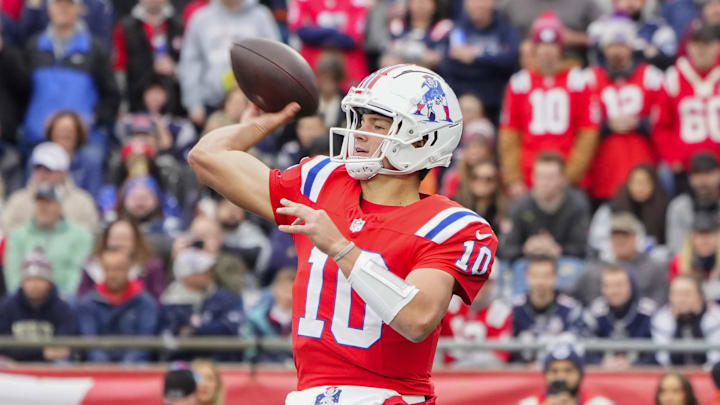 New England Patriots quarterback Drake Maye throws a pass.
