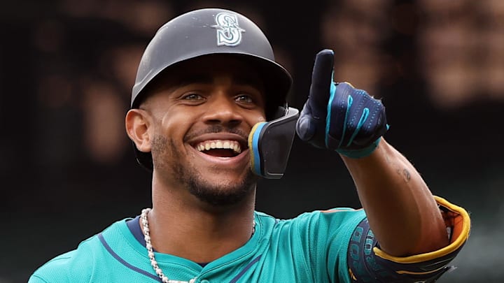 Seattle Mariners outfielder Julio Rodriguez (44) celebrates after hitting a home run during the sixth inning against the Baltimore Orioles at Oriole Park at Camden Yards on Aug. 14. Seattle Mariners outfielder Julio Rodriguez (44) celebrates after hitting a home run during the sixth inning against the Baltimore Orioles at Oriole Park at Camden Yards on Aug. 14.
