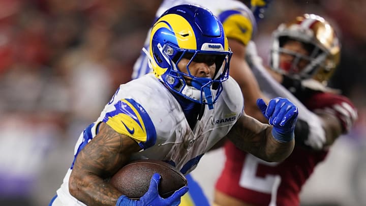 Dec 12, 2024; Santa Clara, California, USA; Los Angeles Rams running back Kyren Williams (23) runs the ball against the San Francisco 49ers in the fourth quarter at Levi's Stadium. Mandatory Credit: Cary Edmondson-Imagn Images Dec 12, 2024; Santa Clara, California, USA; Los Angeles Rams running back Kyren Williams (23) runs the ball against the San Francisco 49ers in the fourth quarter at Levi's Stadium. Mandatory Credit: Cary Edmondson-Imagn Images