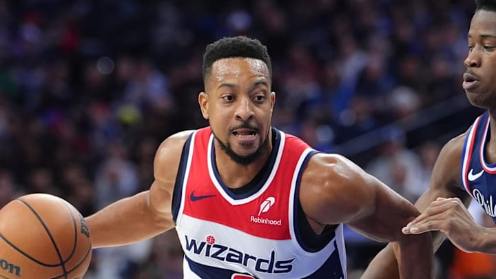 Dec 2, 2025; Philadelphia, Pennsylvania, USA; Washington Wizards guard CJ McCollum (3) drives against Philadelphia 76ers guard VJ Edgecombe (77) in the second quarter at Xfinity Mobile Arena. Mandatory Credit: Kyle Ross-Imagn Images Dec 2, 2025; Philadelphia, Pennsylvania, USA; Washington Wizards guard CJ McCollum (3) drives against Philadelphia 76ers guard VJ Edgecombe (77) in the second quarter at Xfinity Mobile Arena. Mandatory Credit: Kyle Ross-Imagn Images