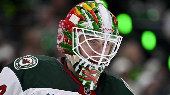 Minnesota Wild goaltender Jesper Wallstedt allowed eight goals in a 9-6 loss to Colorado in Game 1 on Sunday night. (Mandatory Credit: Jerome Miron-Imagn Images)