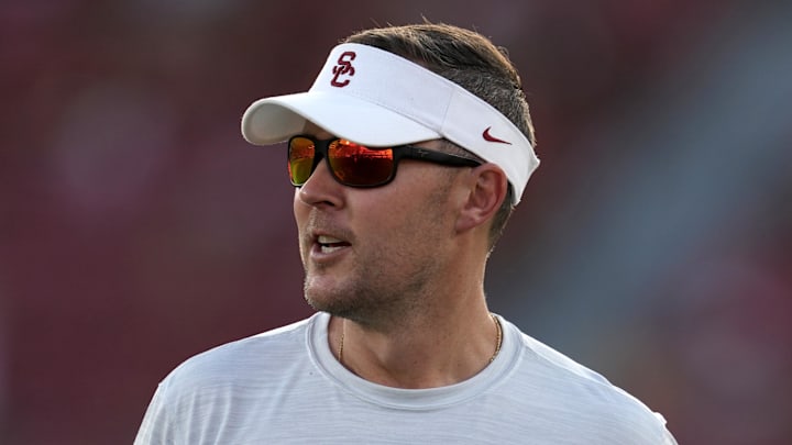 Sep 3, 2022; Los Angeles, California, USA; Southern California Trojans head coach Lincoln Riley reacts in the second half against the Rice Owls at United Airlines Field at Los Angeles Memorial Coliseum. Mandatory Credit: Kirby Lee-Imagn Images