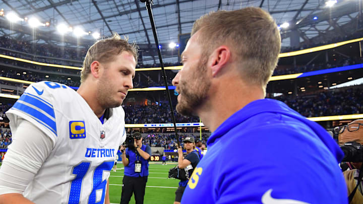 Dec 14, 2025; Inglewood, California, USA; Detroit Lions quarterback Jared Goff (16) and Los Angeles Rams head coach Sean McVay greet each other after the game at SoFi Stadium. Mandatory Credit: Gary A. Vasquez-Imagn Images