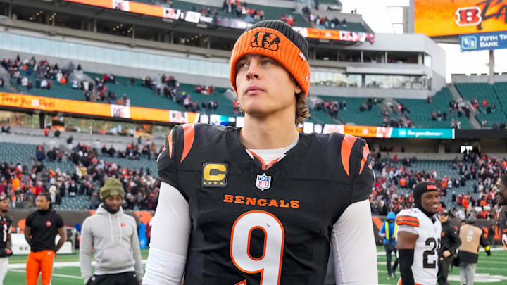 Cincinnati Bengals quarterback Joe Burrow (9) looks for hands to shake after the fourth quarter of the NFL Week 18 game between the Cincinnati Bengals and the Cleveland Browns at Paycor Stadium in Downtown Cincinnati on Sunday, Jan. 4, 2026. The Browns kicked a last second field goal to win 20-18.
