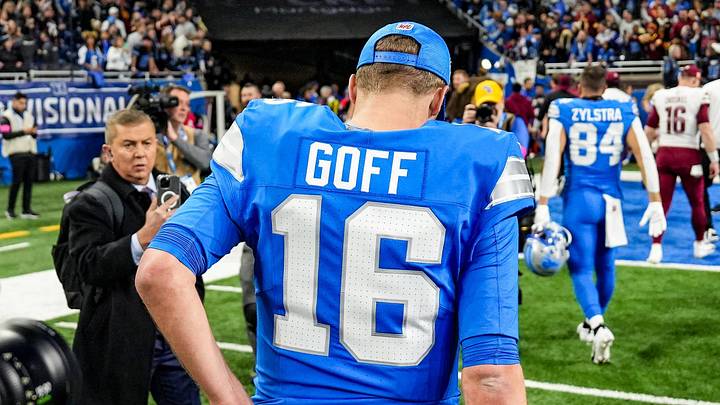 Detroit Lions quarterback Jared Goff walks off the field after losing to the Washington Commanders 45-31 in the NFC divisional round of the NFL playoffs at Ford Field in Detroit, Saturday, Jan. 18, 2025.