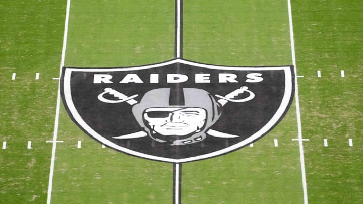Jan 4, 2026; Paradise, Nevada, USA; The Las Vegas Raiders shield logo at midfield at Allegiant Stadium. Mandatory Credit: Kirby Lee-Imagn Images Jan 4, 2026; Paradise, Nevada, USA; The Las Vegas Raiders shield logo at midfield at Allegiant Stadium. Mandatory Credit: Kirby Lee-Imagn Images