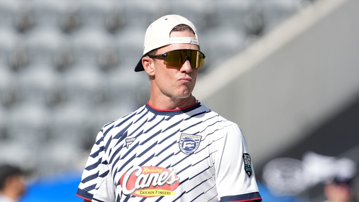 Mar 21, 2026; Los Angeles, CA, USA; Founders FFC quarterback Tom Brady (12) during the Fanatics Flag Football Classic at BMO stadium. Mandatory Credit: Kirby Lee-Imagn Images