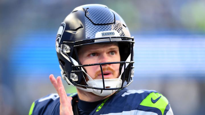 Seattle Seahawks quarterback Sam Darnold looks on Seattle Seahawks quarterback Sam Darnold looks on