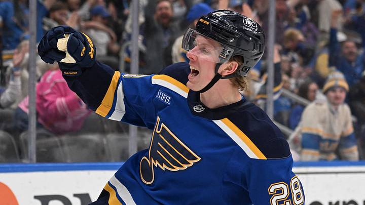 Apr 13, 2026; St. Louis, Missouri, USA; St. Louis Blues center Otto Stenberg (28) celebrates after scoring against the Minnesota Wild in the second period at Enterprise Center. Mandatory Credit: Joe Puetz-Imagn Images