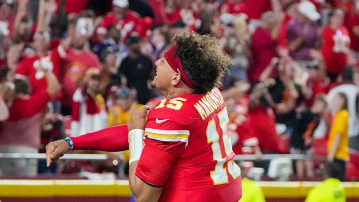 Sep 5, 2024; Kansas City, Missouri, USA; Kansas City Chiefs quarterback Patrick Mahomes (15) celebrates toward fans after the win over the Baltimore Ravens at GEHA Field at Arrowhead Stadium. Mandatory Credit: Denny Medley-Imagn Images Sep 5, 2024; Kansas City, Missouri, USA; Kansas City Chiefs quarterback Patrick Mahomes (15) celebrates toward fans after the win over the Baltimore Ravens at GEHA Field at Arrowhead Stadium. Mandatory Credit: Denny Medley-Imagn Images
