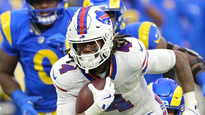 Oct 12, 2026; Inglewood, California, USA;  Buffalo Bills running back James Cook III (4) rushes during the first quarter against the Los Angeles Rams at SoFi Stadium.  Mandatory Credit: Jayne Kamin-Oncea-Imagn Images