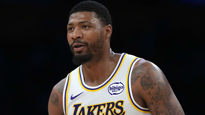 Mar 8, 2026; Los Angeles, California, USA; Los Angeles Lakers guard Marcus Smart (36) reacts against the New York Knicks at Crypto.com Arena. Mandatory Credit: Kirby Lee-Imagn Images