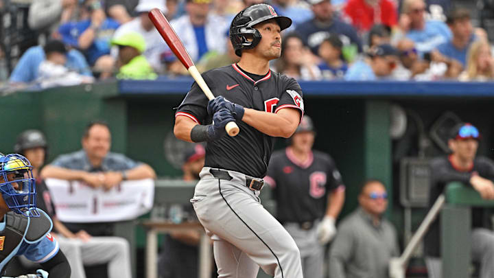 Mar 29, 2025; Kansas City, Missouri, USA; Cleveland Guardians left fielder Steven Kwan (38) hits a solo home run in the fifth inning against the Kansas City Royals at Kauffman Stadium. Mandatory Credit: Peter Aiken-Imagn Images Mar 29, 2025; Kansas City, Missouri, USA; Cleveland Guardians left fielder Steven Kwan (38) hits a solo home run in the fifth inning against the Kansas City Royals at Kauffman Stadium. Mandatory Credit: Peter Aiken-Imagn Images
