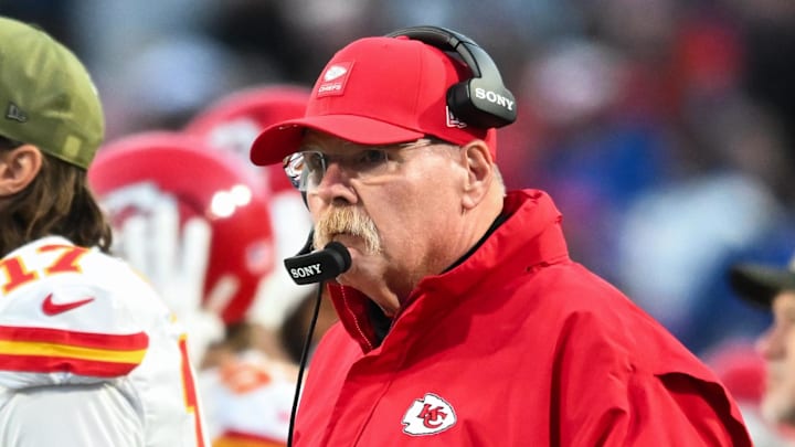 Nov 2, 2025; Orchard Park, New York, USA; Kansas City Chiefs head coach Andy Reid looks on in the second quarter against the Buffalo Bills at Highmark Stadium. Mandatory Credit: Mark Konezny-Imagn Images