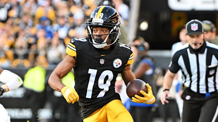 Nov 2, 2025; Pittsburgh, Pennsylvania, USA; Pittsburgh Steelers wide receiver Calvin Austin III (19) catches a pass during the second half against the Indianapolis Colts at Acrisure Stadium. Mandatory Credit: Barry Reeger-Imagn Images