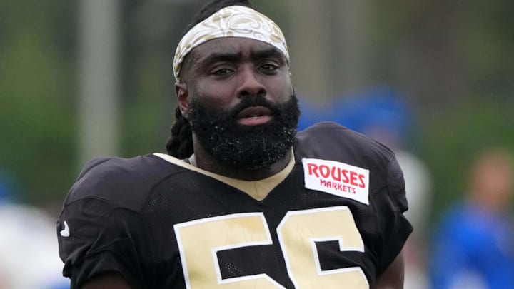 Aug 14, 2025; Carson, CA, USA; New Orleans Saints linebacker Demario Davis (56) during a joint practice against the Los Angeles Rams at the Dignity Health Sports Park. Aug 14, 2025; Carson, CA, USA; New Orleans Saints linebacker Demario Davis (56) during a joint practice against the Los Angeles Rams at the Dignity Health Sports Park.