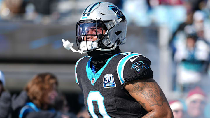 Dec 22, 2024; Charlotte, North Carolina, USA; Carolina Panthers tight end Ja'Tavion Sanders (0) takes the field during the first quarter against the Arizona Cardinals at Bank of America Stadium. Mandatory Credit: Jim Dedmon-Imagn Images