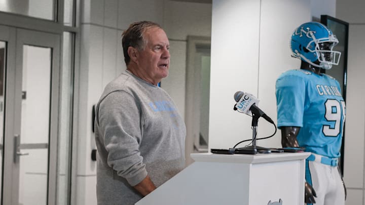 Bill Belichick speaking to the press before UNC's first practice of fall camp on Aug. 2, 2025