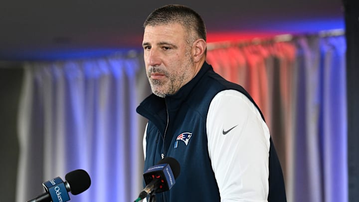 Mar 13, 2025; Foxborough, MA, USA; New England Patriots head coach Mike Vrabel discusses the teamís recent free agent additions with the media at Gillette Stadium. Mandatory Credit: Eric Canha-Imagn Images