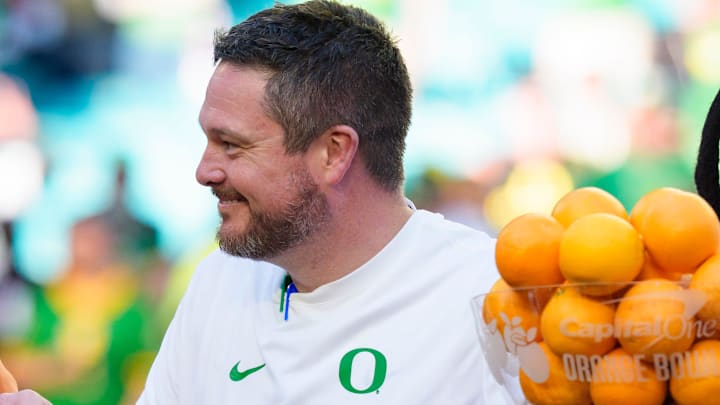 Oregon head coach Dan Lanning as the Oregon Ducks take on the Texas Tech Red Raiders in the Orange Bowl on Jan. 1, 2026, at Hard Rock Stadium in Miami, Florida.
