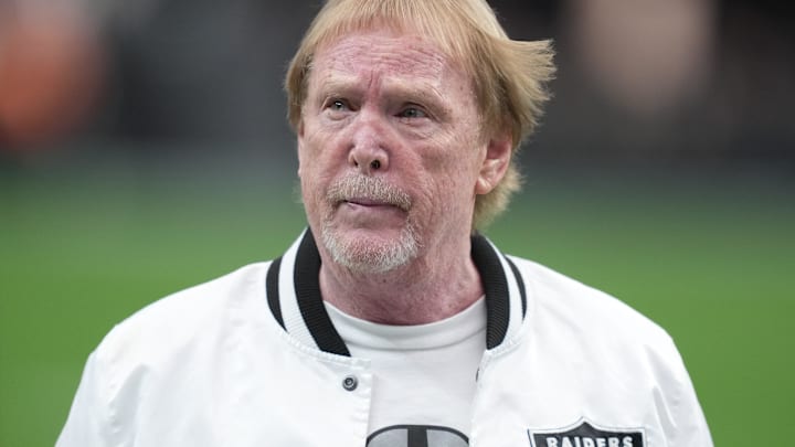 Dec 28, 2025; Paradise, Nevada, USA; Las Vegas Raiders owner Mark Davis on the field prior to a game against the New York Giants at Allegiant Stadium. Mandatory Credit: Kirby Lee-Imagn Images