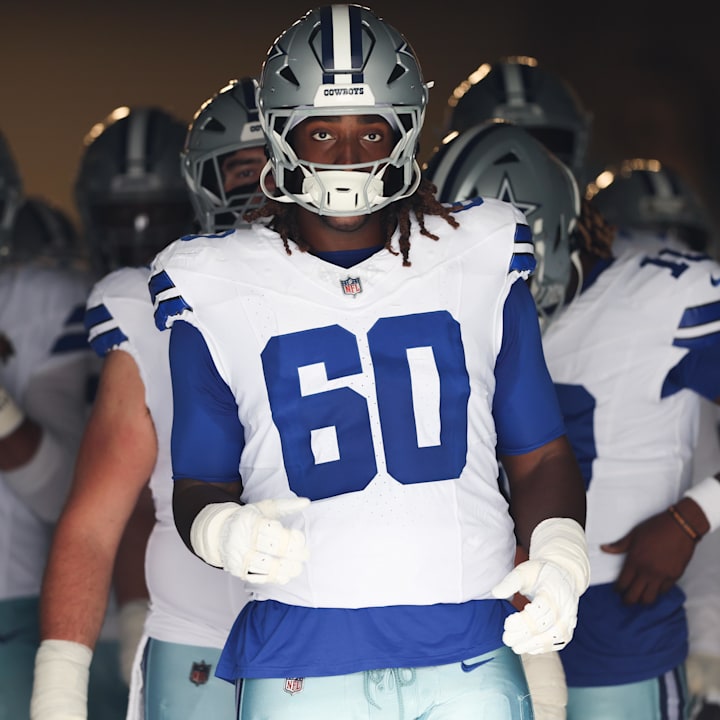 Dallas Cowboys offensive tackle Tyler Guyton prepares to enter the field prior to the game against the Carolina Panthers.