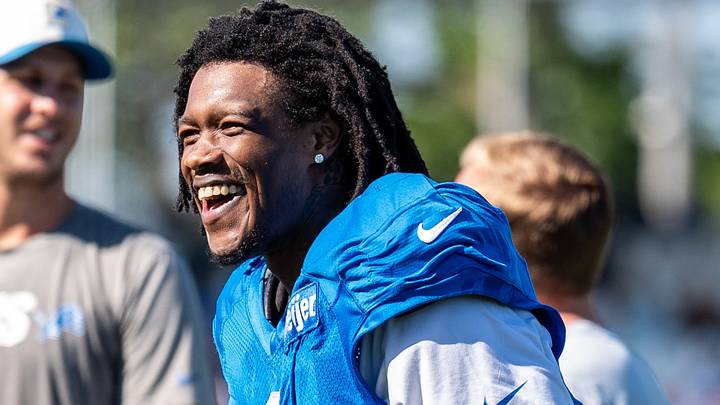 Aug 3, 2026; Allen Park, MI, USA; Detroit Lions wide receiver Jameson Williams (1) laughs during Detroit Lions training camp. Mandatory Credit: Paul Barnick-Imagn Images