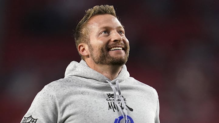 Dec 12, 2024; Santa Clara, California, USA; Los Angeles Rams head coach Sean McVay jogs on the field before the start of the game against the San Francisco 49ers at Levi's Stadium. Mandatory Credit: Cary Edmondson-Imagn Images