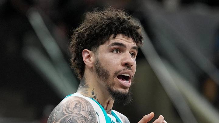 Charlotte Hornets guard LaMelo Ball (1) reacts in the second half against the San Antonio Spurs at Frost Bank Center on Mar 14, 2026.