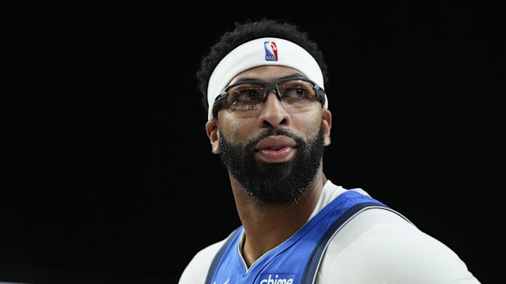 Oct 15, 2025; Las Vegas, Nevada, USA; Dallas Mavericks forward Anthony Davis (3) looks outward during the first half against the Los Angeles Lakers at T-Mobile Arena. Mandatory Credit: Lucas Peltier-Imagn Images