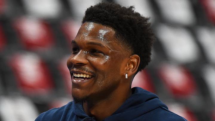 Apr 18, 2026; Denver, Colorado, USA; Minnesota Timberwolves guard Anthony Edwards (5) warms up before the game against the Denver Nuggets during game one of the first round of the 2026 NBA Playoffs at Ball Arena. Mandatory Credit: Christopher Hanewinckel-Imagn Images