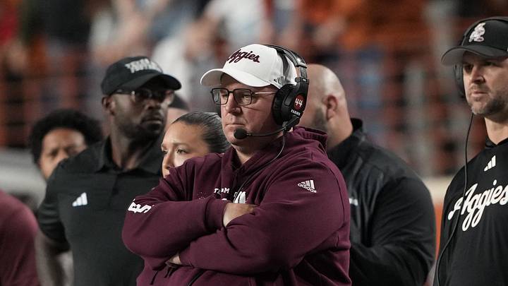 Nov 28, 2025; Austin, Texas, USA; Head coach Mike Elko watches the first half of play against the Texas Longhorns at Darrell K Royal-Texas Memorial Stadium. Mandatory Credit: Scott Wachter-Imagn Images