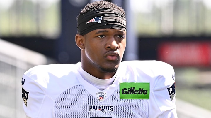 New England Patriots wide receiver Javon Baker (6) heads to the practice fields for training camp at Gillette Stadium.