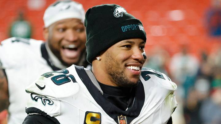 Dec 20, 2025; Landover, Maryland, USA; Philadelphia Eagles running back Saquon Barkley (26) runs off the field after the game against the Washington Commanders at Northwest Stadium. Mandatory Credit: Amber Searls-Imagn Images