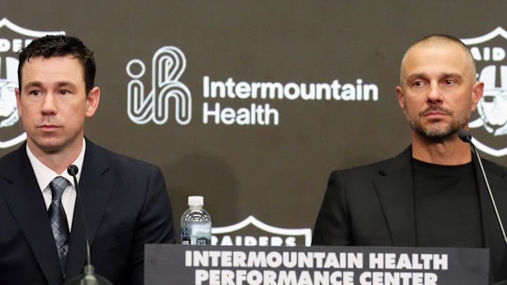 Feb 10, 2026; Henderson, NV, USA;  Las Vegas Raiders coach Klint Kubiak (left) and general manager John Spytek at introductory press conference at Intermountain Health Performance Center. Mandatory Credit: Kirby Lee-Imagn Images